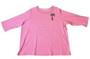 Quacker Factory Embellished 3/4 Sleeve Top 2X Pink Cotton Beaded Palm Tree Slit